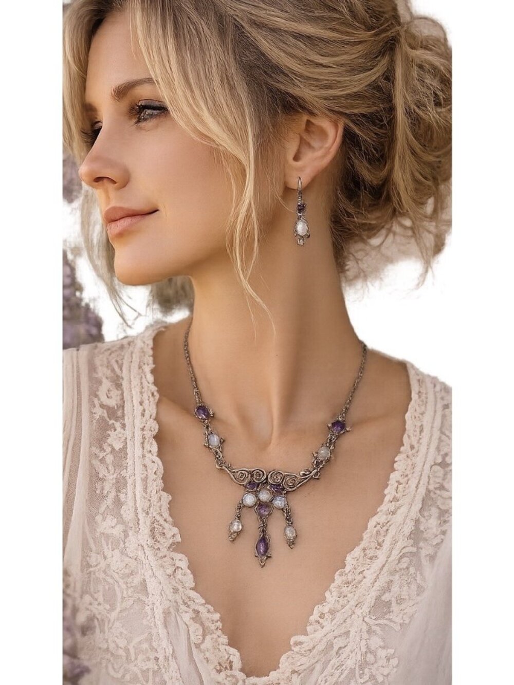VTG Artisan 925 Sterling Silver Amethyst  & Moonstone Necklace Romantic Elegant
